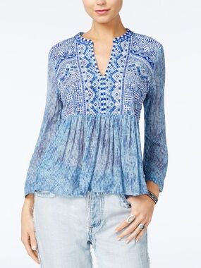 Lucky Brand Embroidered Split Neck Blouse Blue XS Bohemian